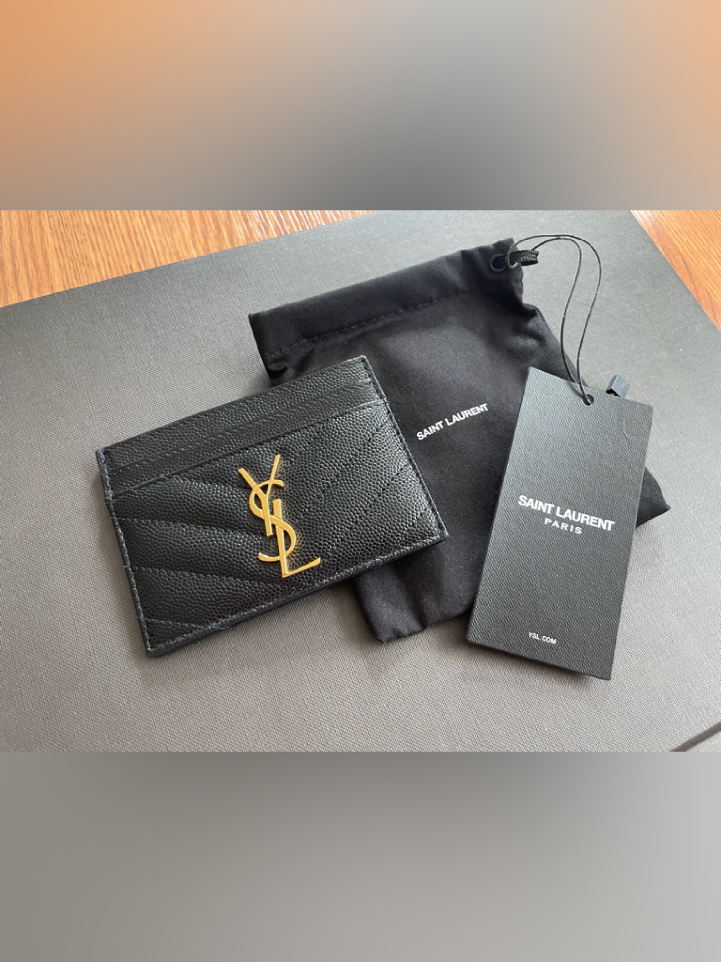 Saint Laurent Cassandre Matelass Grain De Poudre Leather Card Case Black Gold